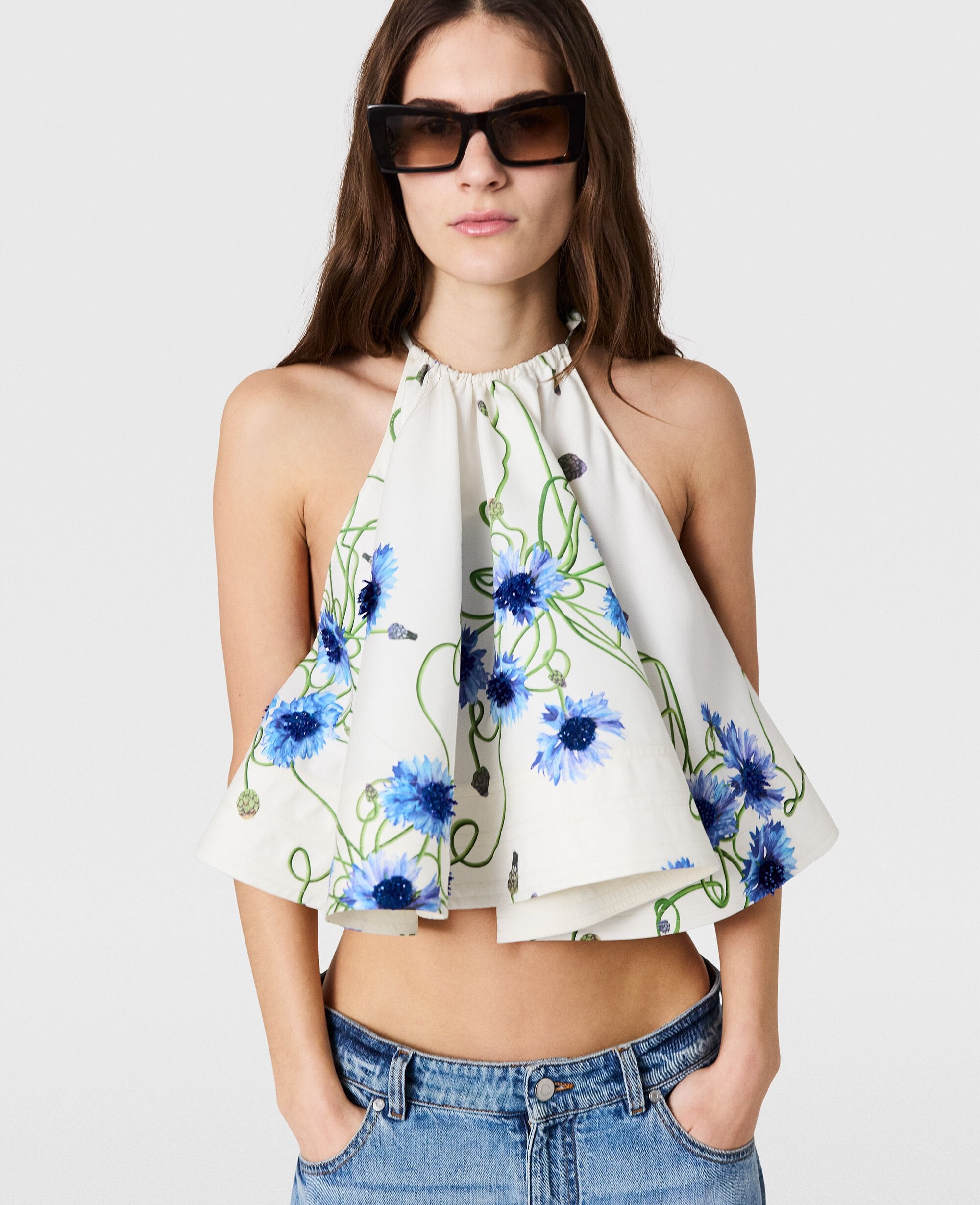 Embroidered Cornflower Sleeveless Frill Top