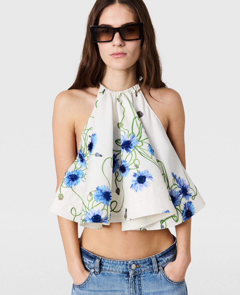 Embroidered Cornflower Sleeveless Frill Top