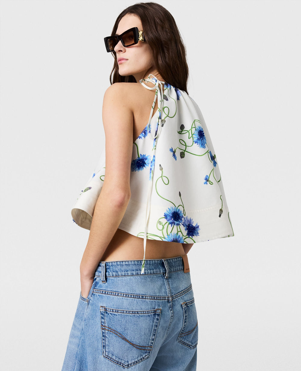 Embroidered Cornflower Sleeveless Frill Top