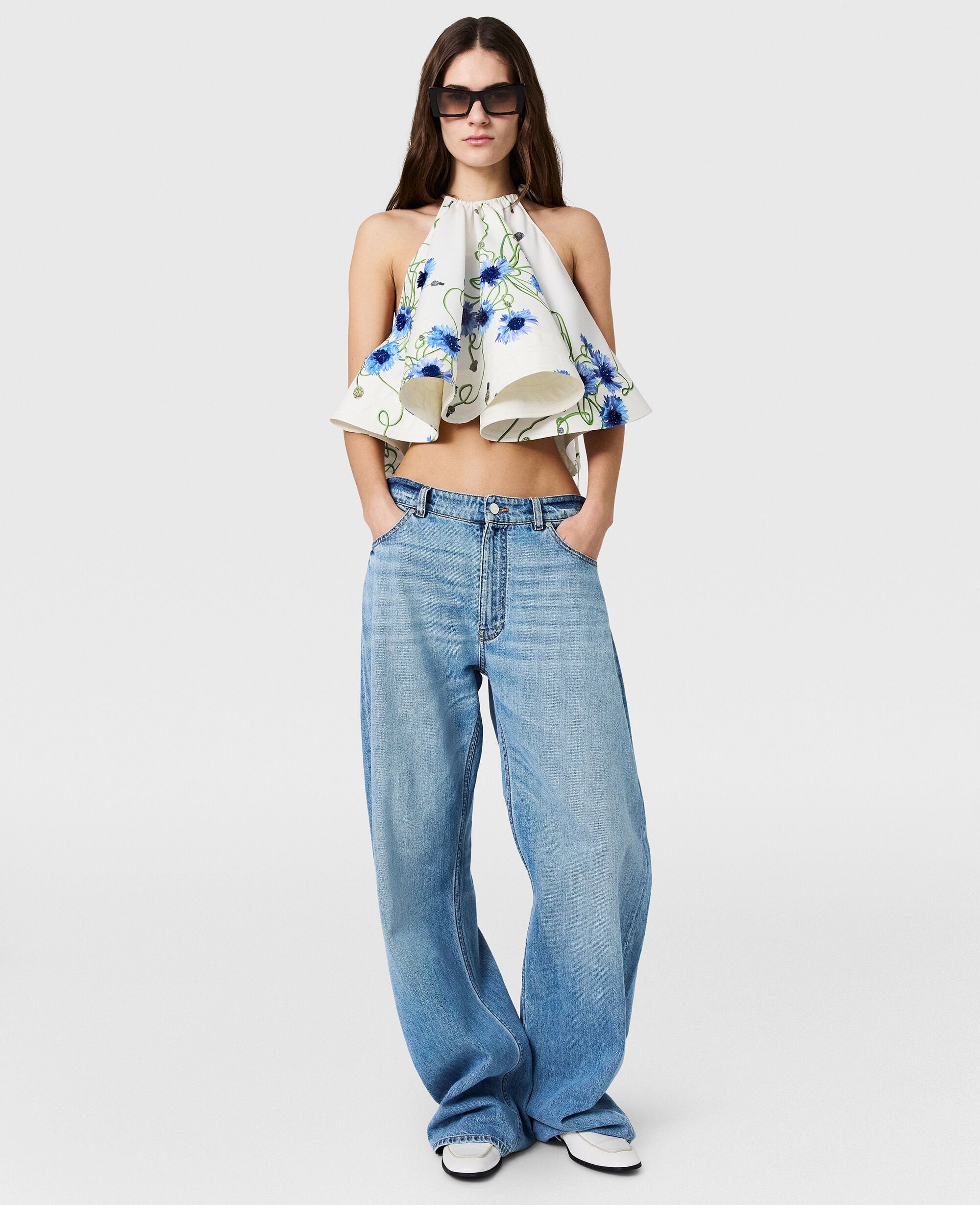 Embroidered Cornflower Sleeveless Frill Top