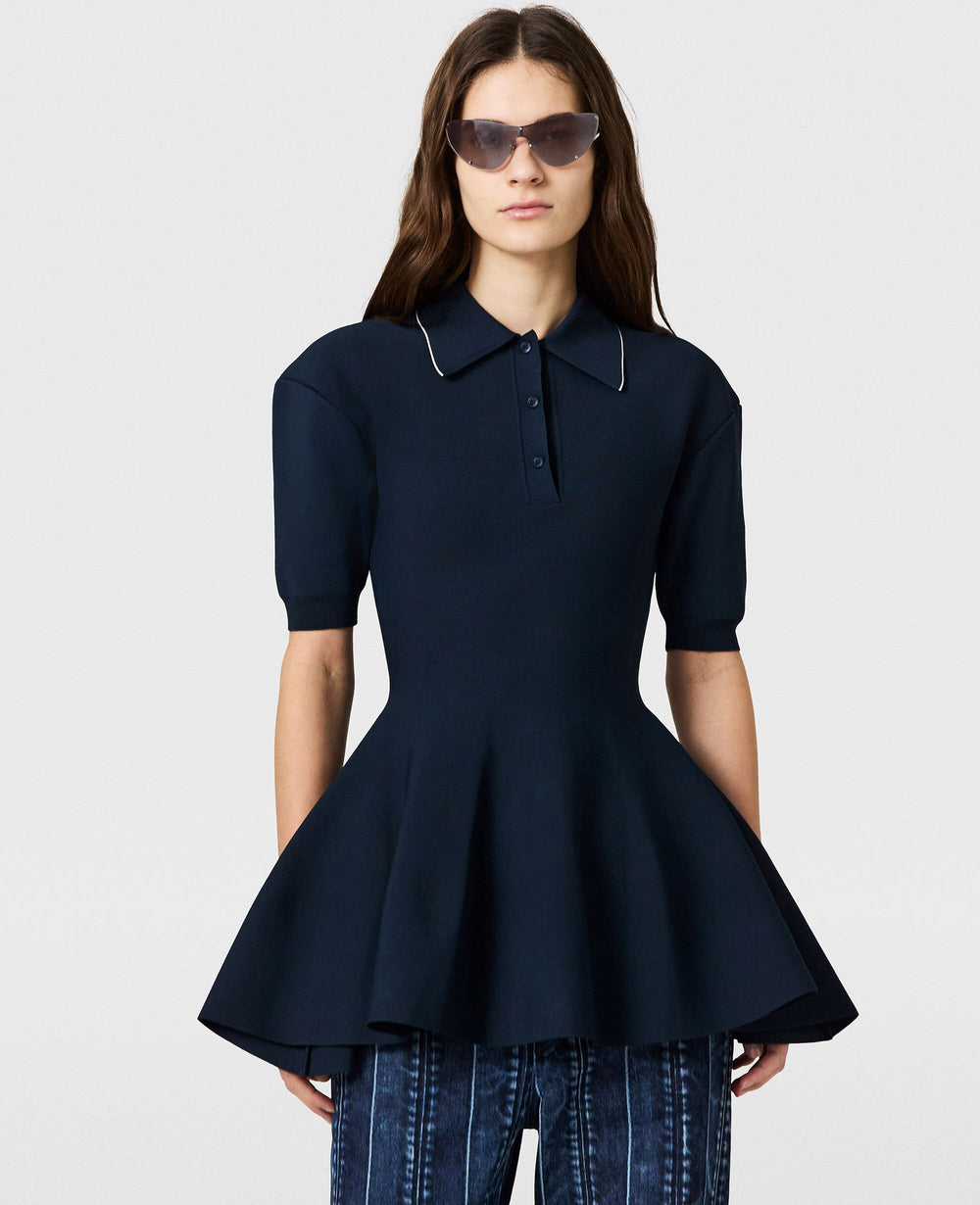 Compact Knit Peplum Polo Top
