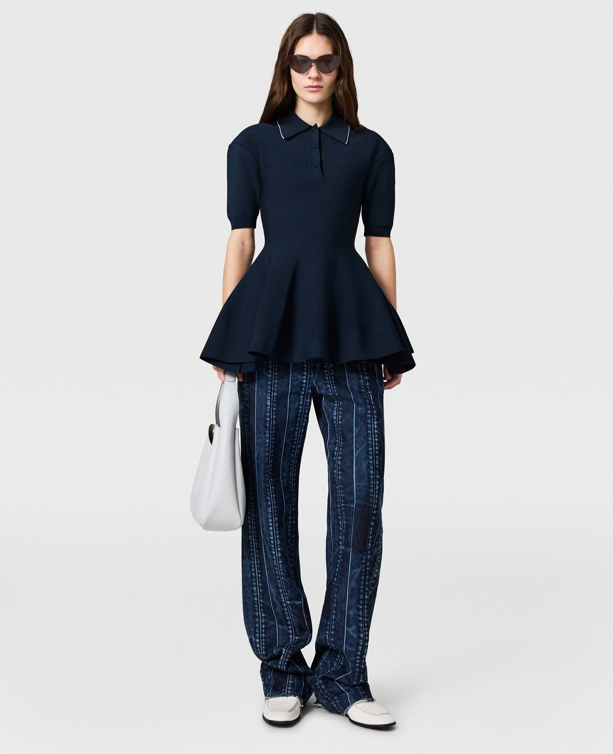 Compact Knit Peplum Polo Top