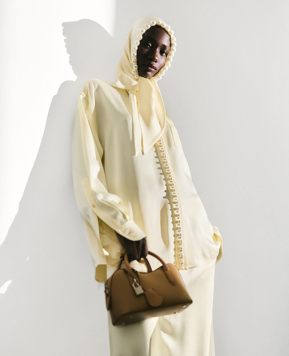 Oversized Pearl-Button Satin Shirt