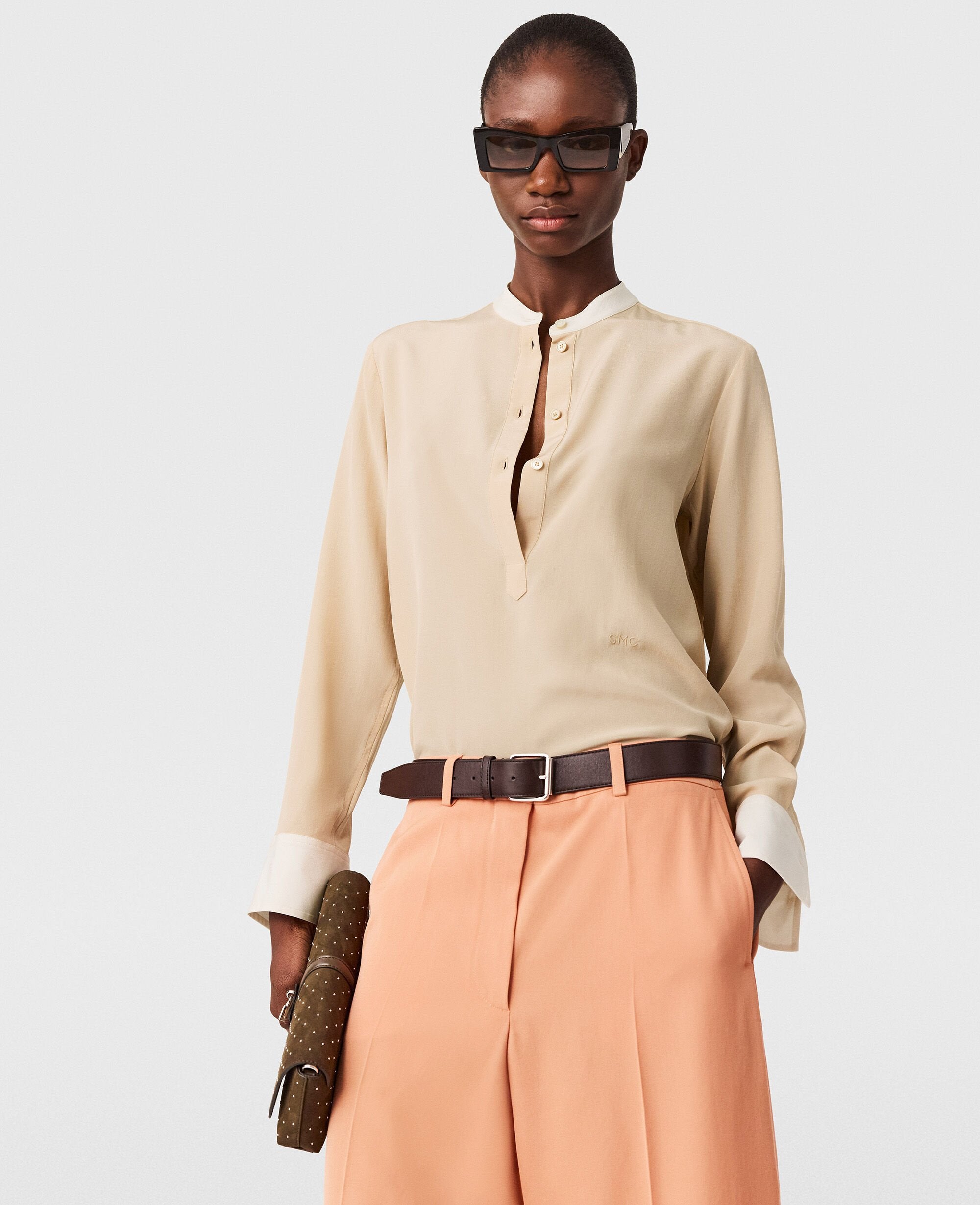 Contrast Panel Grandfather Collar Shirt