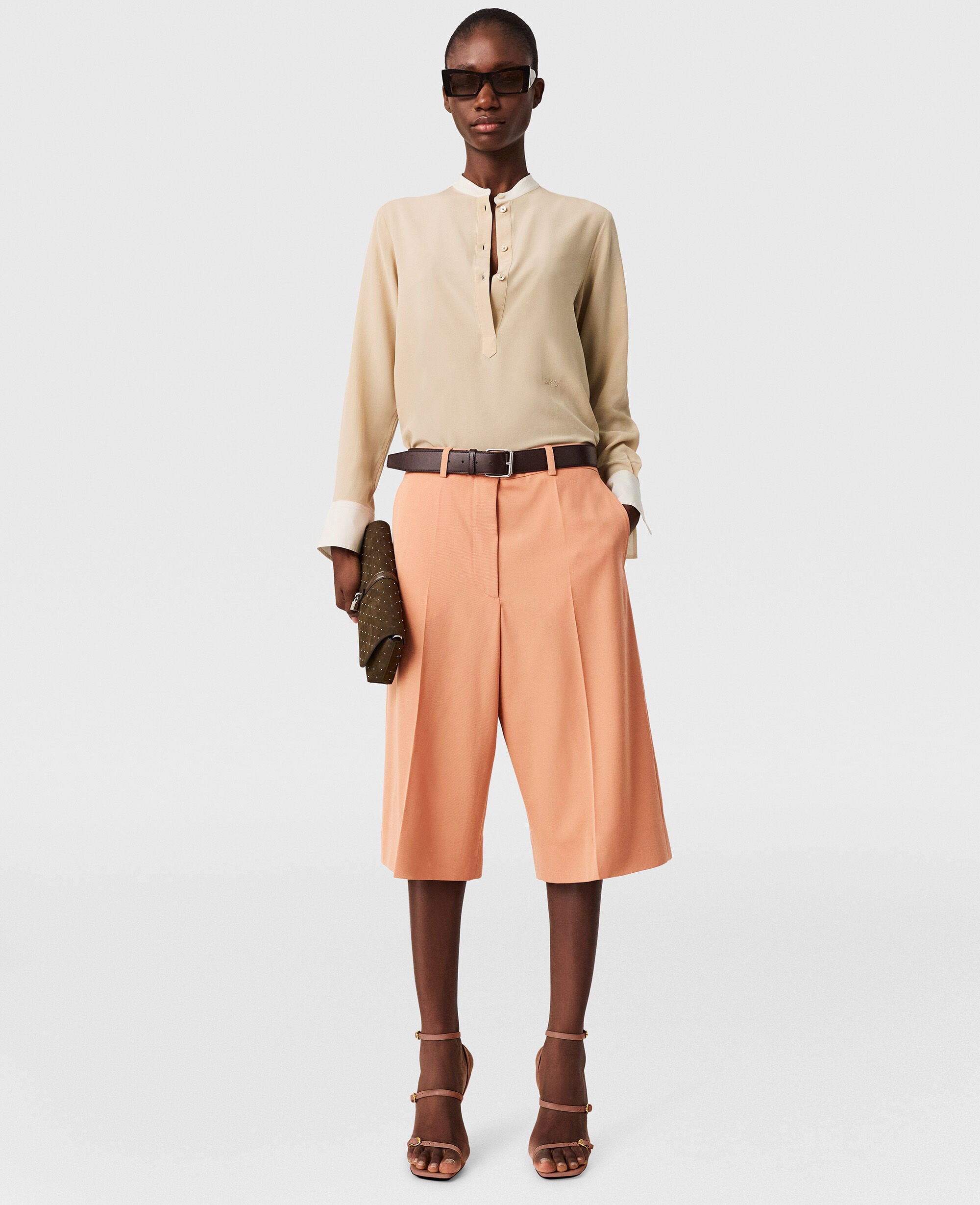 Contrast Panel Grandfather Collar Shirt