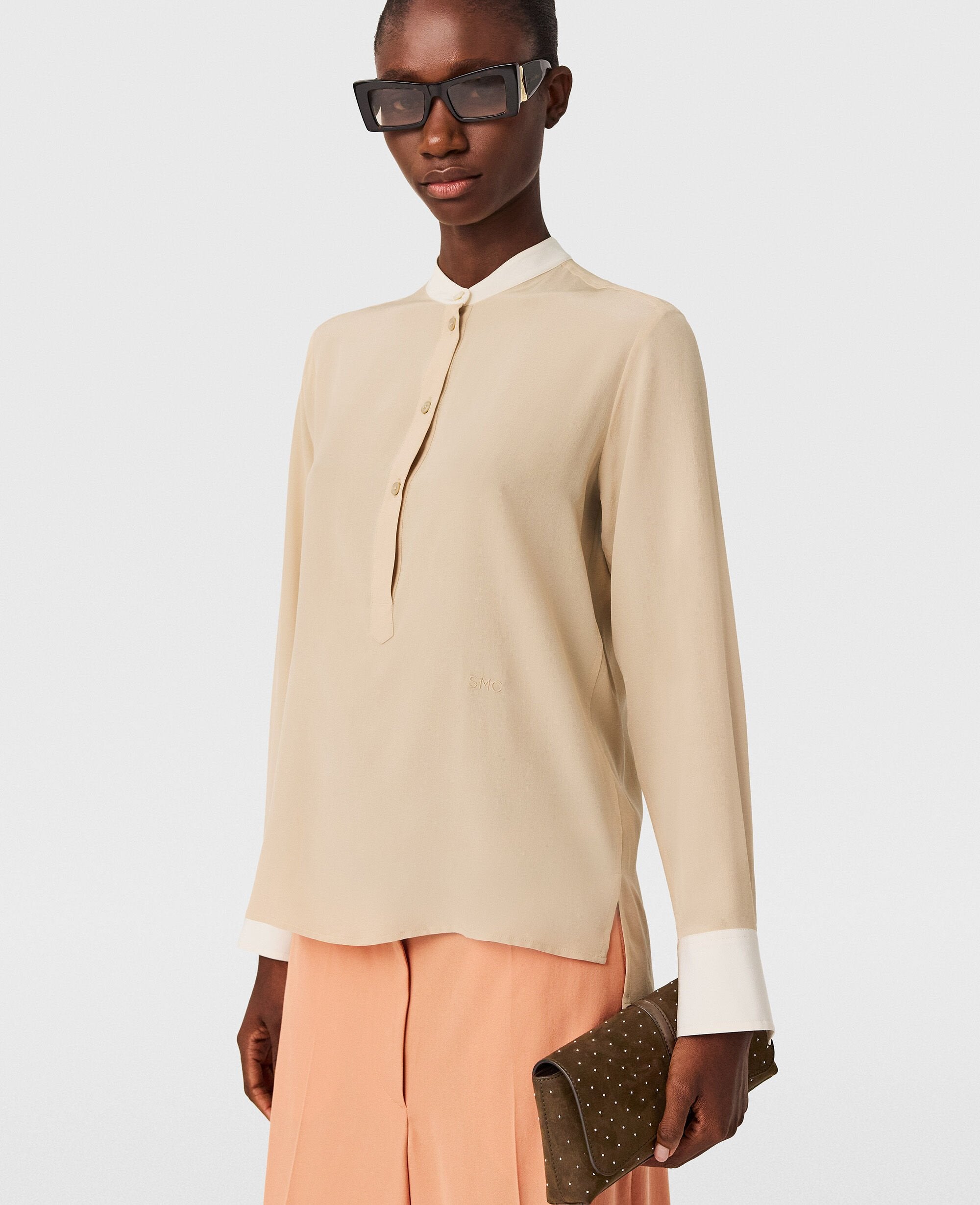 Contrast Panel Grandfather Collar Shirt