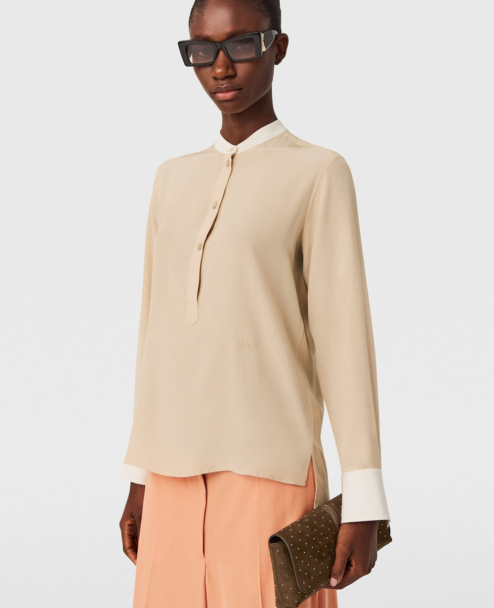 Contrast Panel Grandfather Collar Shirt