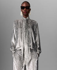 Metallic Velvet Tie-Nneck Shirt
