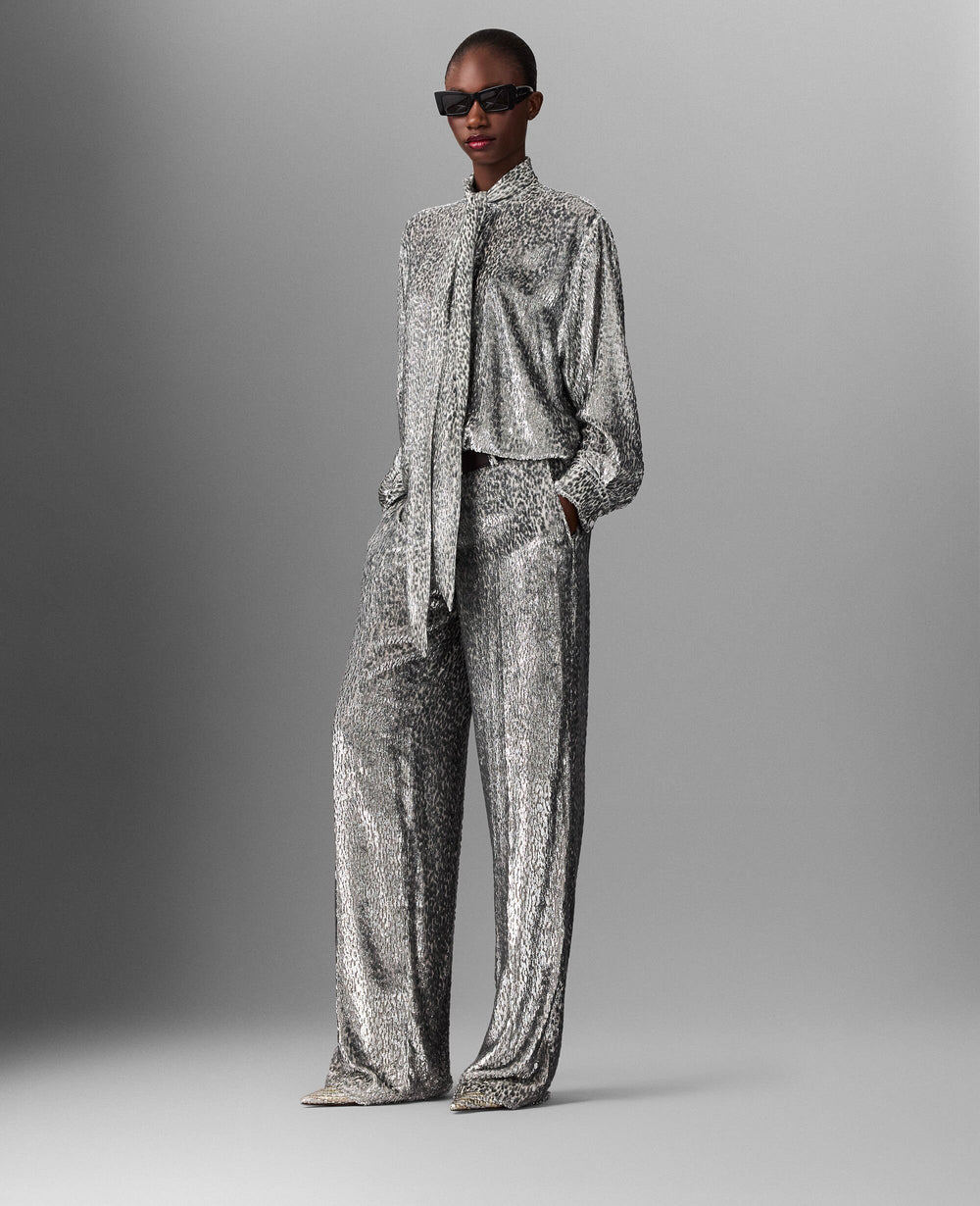 Metallic Velvet Tie-Nneck Shirt