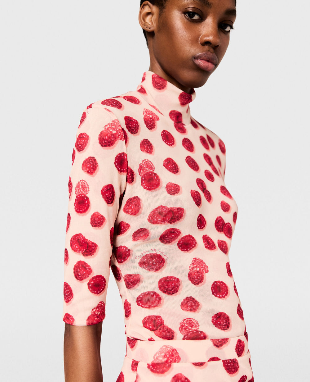Raspberry Print High-Neck Mesh Top