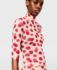 Raspberry Print High-Neck Mesh Top