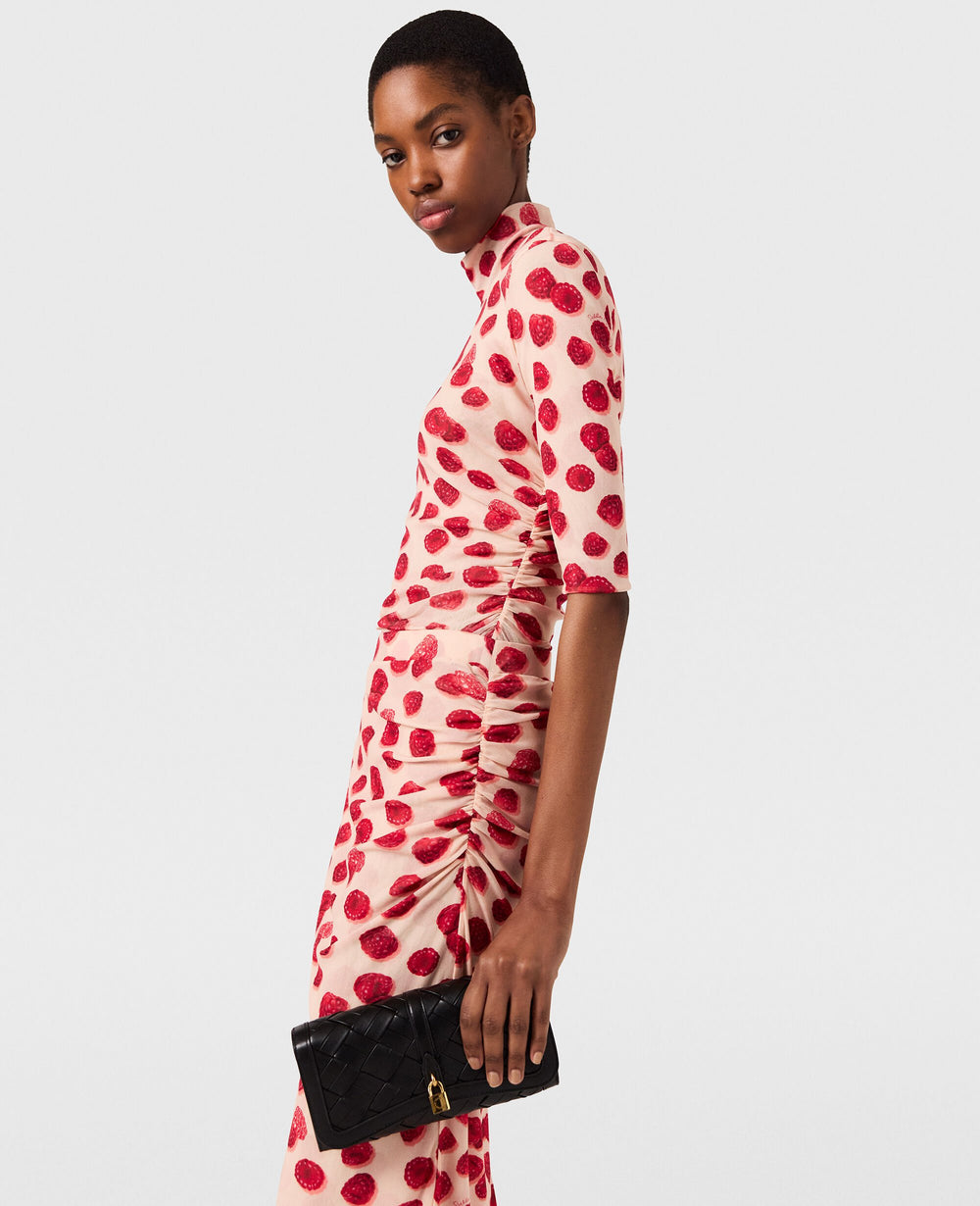 Raspberry Print High-Neck Mesh Top