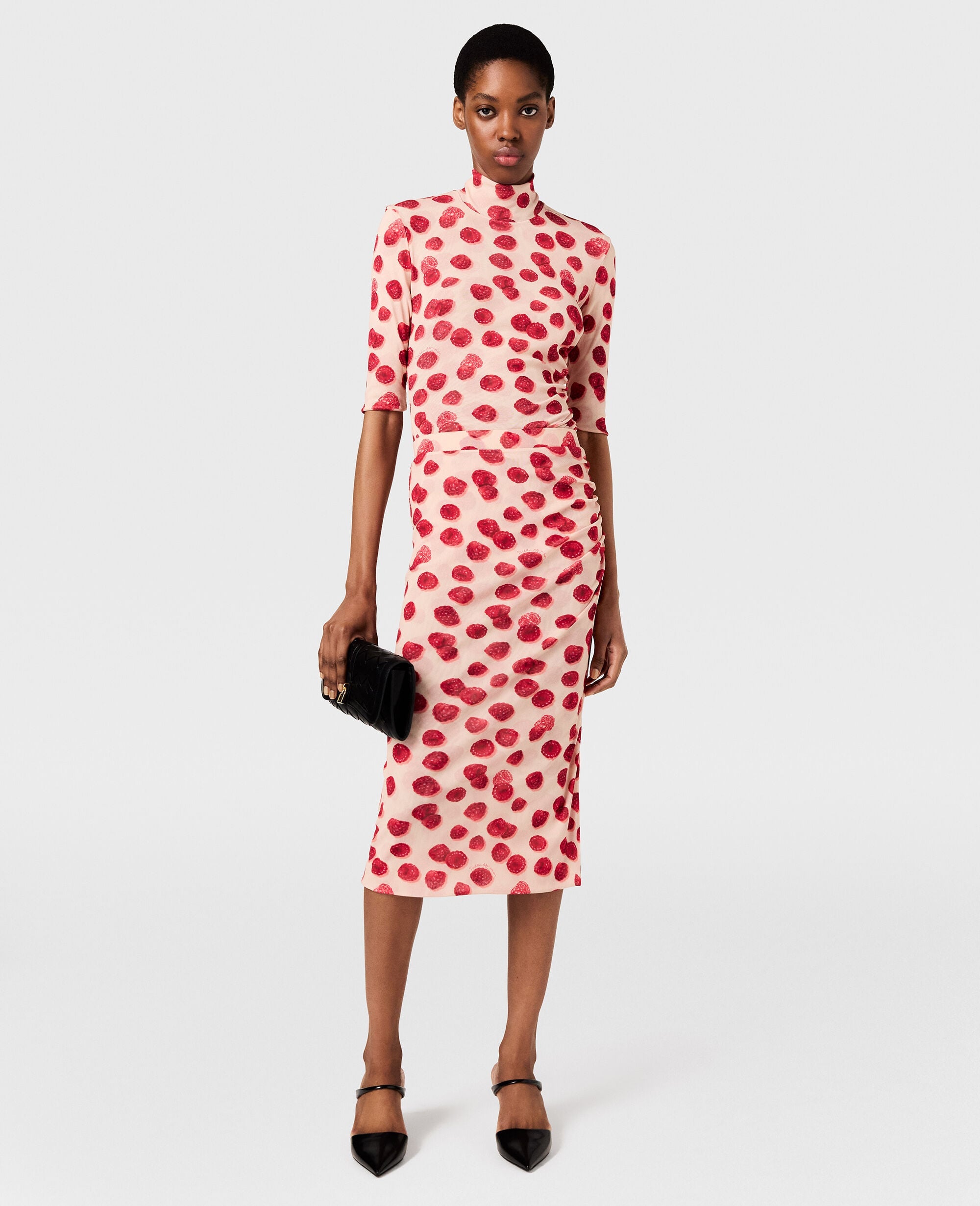 Raspberry Print Mesh Midi Skirt