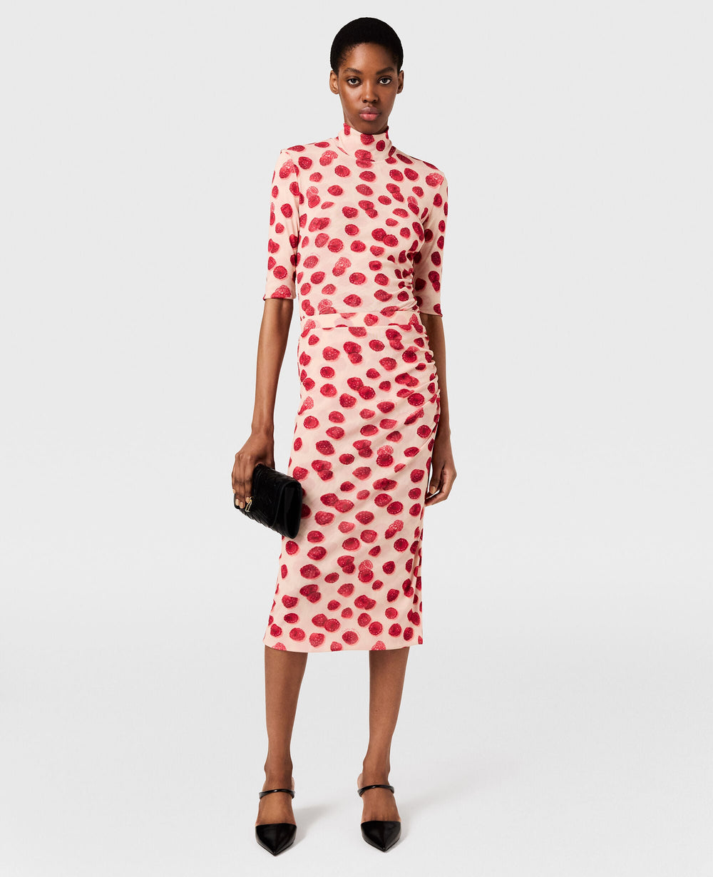 Raspberry Print Mesh Midi Skirt