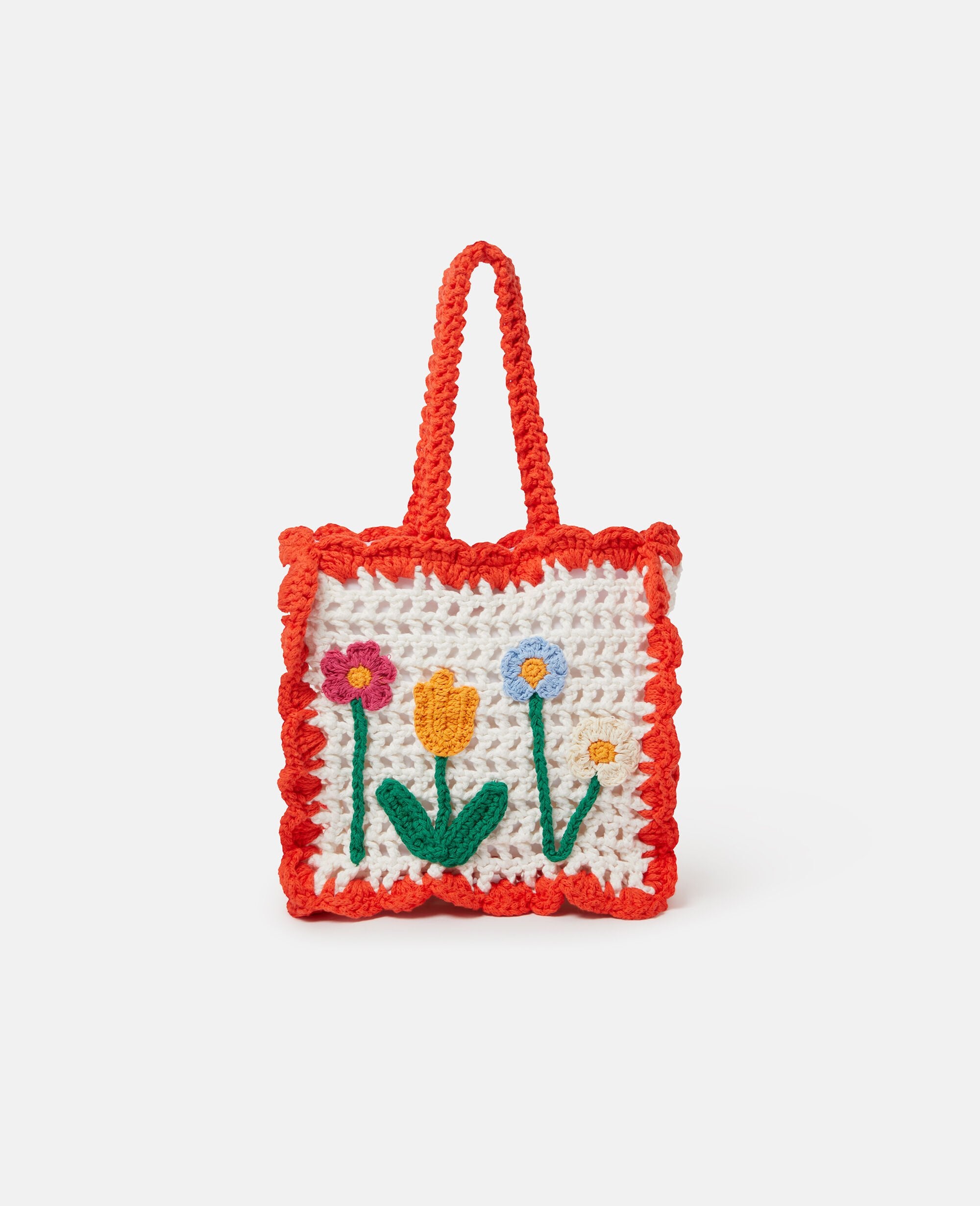 Floral Appliqué Crochet Tote Bag