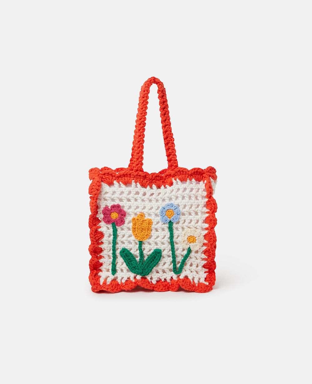 Floral Appliqué Crochet Tote Bag