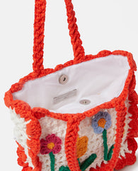 Floral Appliqué Crochet Tote Bag