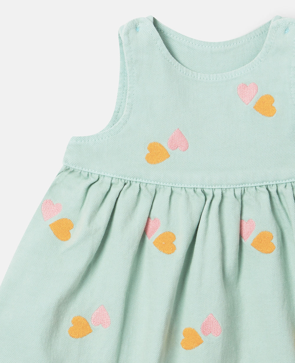 Heart-Embroidered Gabardine Dress